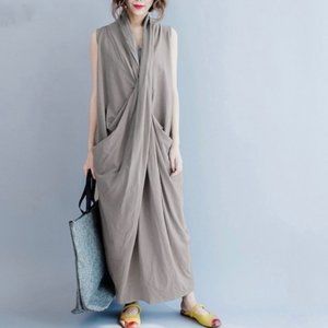Asymmetrical V Neck maxi dress in gray
